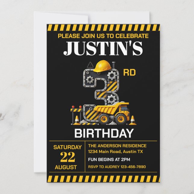 Invitación Fiesta de cumpleaños 3 de Construcción Adorable (Anverso)