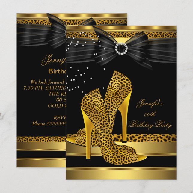 Invitación Fiesta de cumpleaños 3 de Gold Leopard High Heel B (Anverso / Reverso)