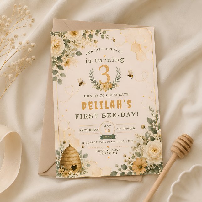 Invitación Fiesta de cumpleaños 3 de la abeja de miel de flor (Subido por el creador)