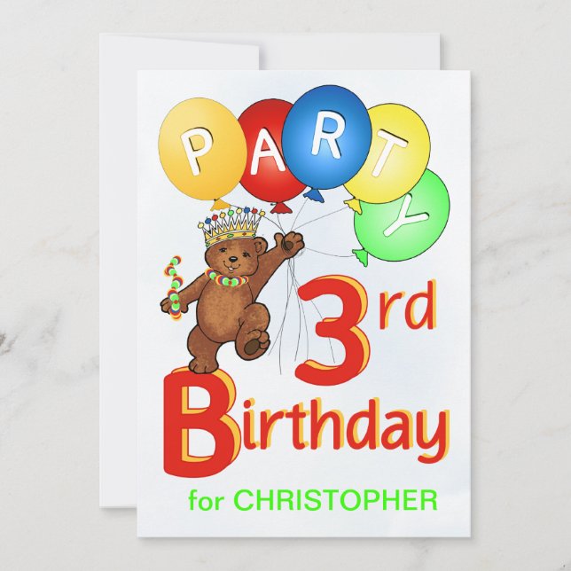 Invitación Fiesta de cumpleaños 3 de Royal Teddy Bear (Anverso)