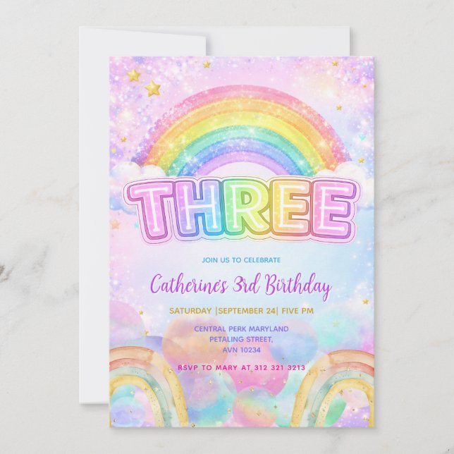 Invitación Fiesta de cumpleaños 3 Sparkle Rainbow (Anverso)