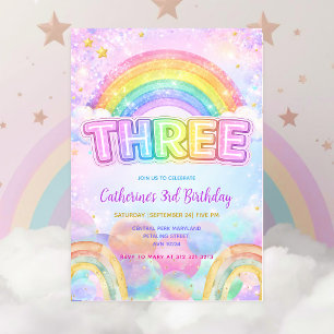 Invitación Fiesta de cumpleaños 3 Sparkle Rainbow