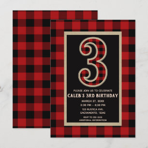 Invitación Fiesta de Cumpleaños 3RD Plaid Búfalo Rojo Rústico