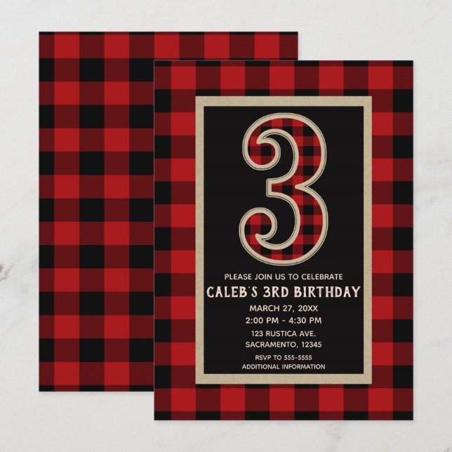 Invitación Fiesta de Cumpleaños 3RD Plaid Búfalo Rojo Rústico (Anverso / Reverso)