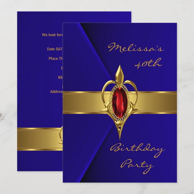 Invitación Fiesta de cumpleaños 40º azul terciopelo falso joy (Anverso / Reverso)
