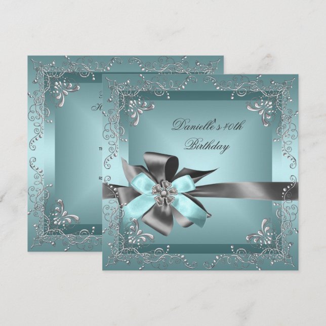 Invitación Fiesta de Cumpleaños 40º Azul Turquesa Plata Gris (Anverso / Reverso)