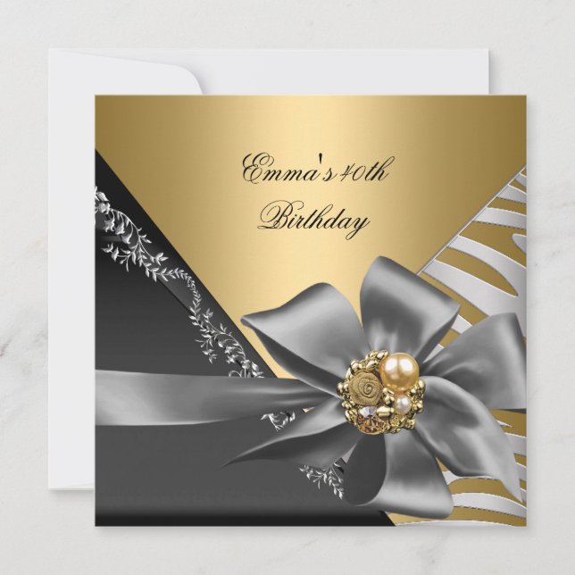 Invitación Fiesta de Cumpleaños 40º Cebra Dorado Negro Platea (Anverso)