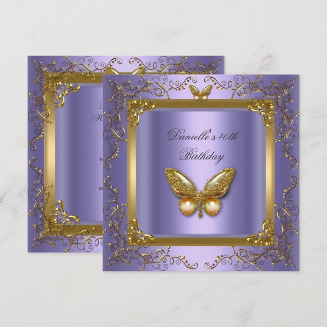 Invitación Fiesta de Cumpleaños 40º Mariposa Morada Dorada (Anverso / Reverso)