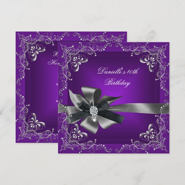 Invitación Fiesta de Cumpleaños 40º Morado Plata Negro Gris (Anverso / Reverso)