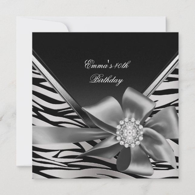 Invitación Fiesta de Cumpleaños 40º Negro Plata Cebra Diamant (Anverso)