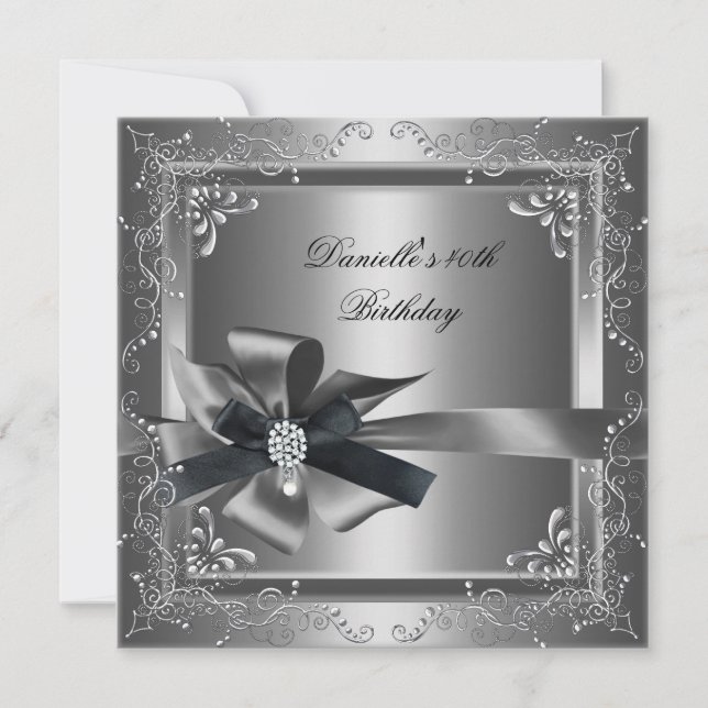 Invitación Fiesta de Cumpleaños 40º Plata Negro Gris (Anverso)