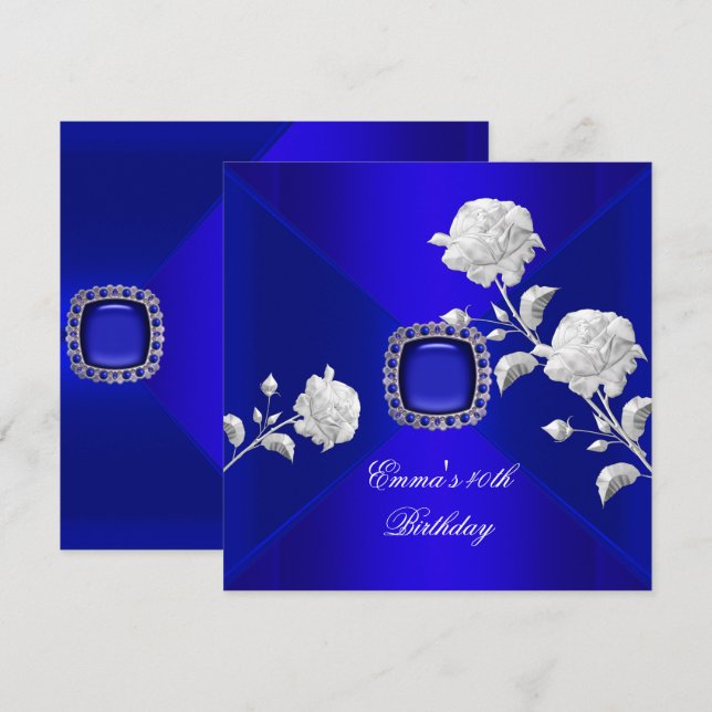 Invitación Fiesta de Cumpleaños 40º Rosa Azul Real Plateada (Anverso / Reverso)