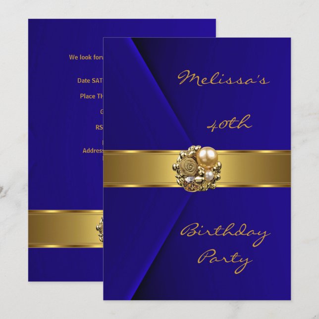 Invitación Fiesta de cumpleaños 40º terciopelo azul perla joy (Anverso / Reverso)