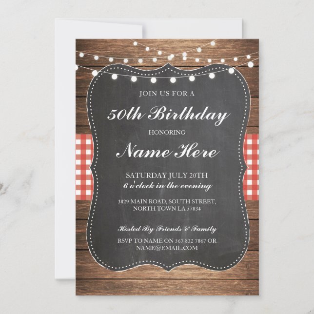 Invitación Fiesta de cumpleaños 40.º 50 Check Rustic Wood Inv (Anverso)