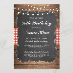 Invitación Fiesta de cumpleaños 40.º 50 Check Rustic Wood Inv