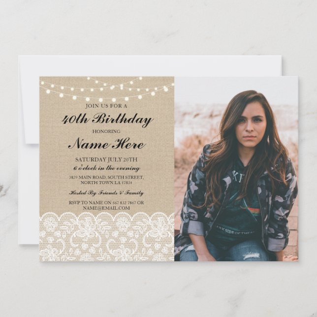Invitación Fiesta de cumpleaños 40.º 50 Rustic Burlap Lace (Anverso)