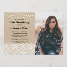 Invitación Fiesta de cumpleaños 40.º 50 Rustic Burlap Lace