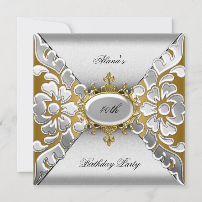 Invitación Fiesta de cumpleaños 40.º elegante oro plateado (Anverso)