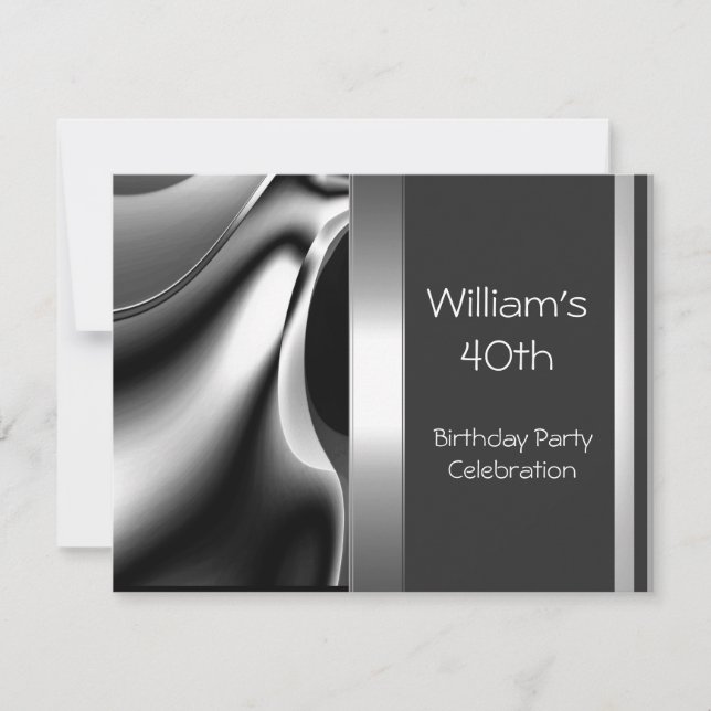 Invitación Fiesta de cumpleaños 40 Abstracto Plateado Cromo M (Anverso)
