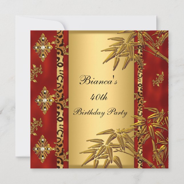 Invitación Fiesta de cumpleaños 40 asiático dorado bambú rojo (Anverso)