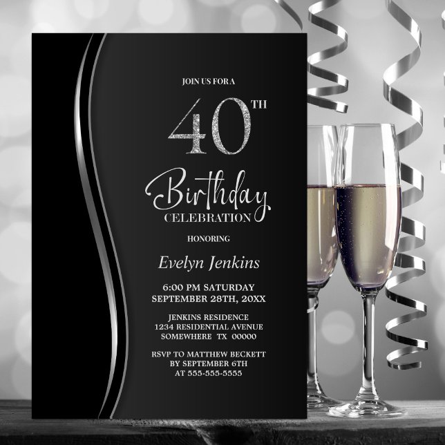 Invitación Fiesta de cumpleaños 40 Black Silver (Subido por el creador)