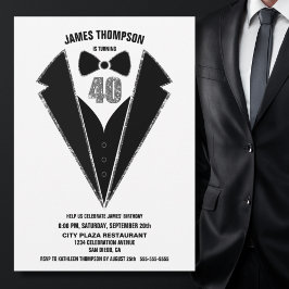 Invitación Fiesta de cumpleaños 40 Black Silver Tuxedo