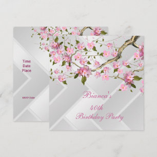 Invitación Fiesta de cumpleaños 40 Blancos Flor de cerezo ros