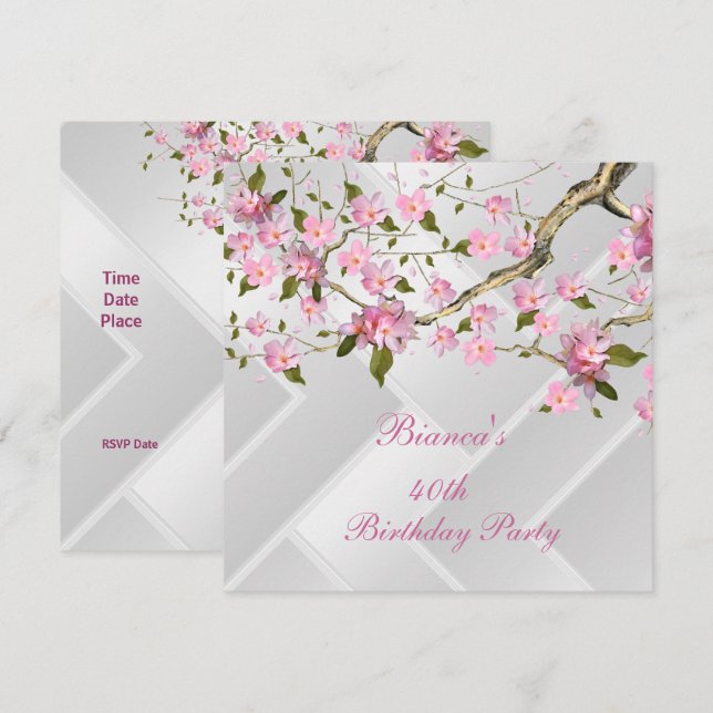 Invitación Fiesta de cumpleaños 40 Blancos Flor de cerezo ros (Anverso / Reverso)