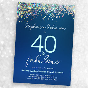 Invitación Fiesta de Cumpleaños 40 Brillante Azul y Fabuloso 