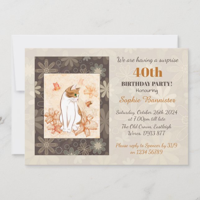 Invitación Fiesta de cumpleaños 40 Cat Surprise (Anverso)