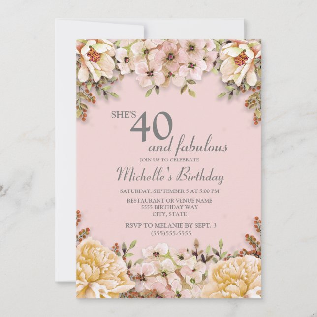 Invitación Fiesta de cumpleaños 40 Champán Floral Rosa (Anverso)
