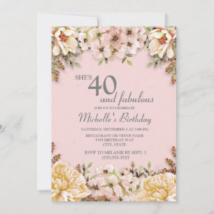 Invitación Fiesta de cumpleaños 40 Champán Floral Rosa