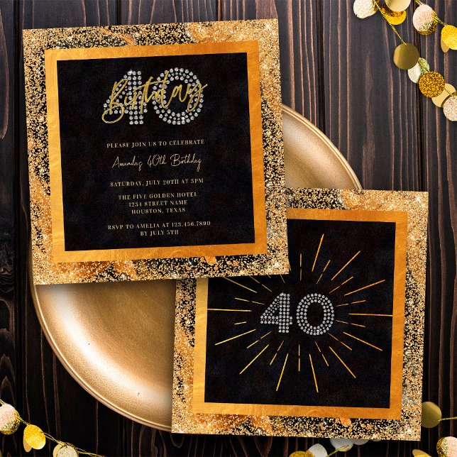 Invitación Fiesta de Cumpleaños 40 Chic Brillo Negro y Dorado (Front / Back)