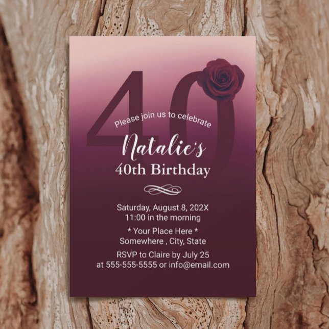 Invitación Fiesta de cumpleaños 40 chica elegante Borgoña Omb (Subido por el creador)