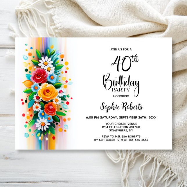 Invitación Fiesta de cumpleaños 40 colorida floral (Subido por el creador)