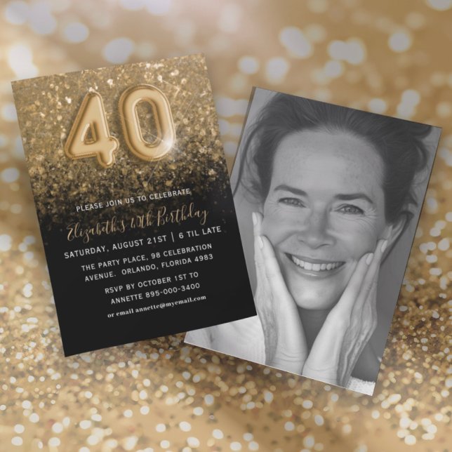 Invitación Fiesta de cumpleaños 40 con brillo dorado y negro (Subido por el creador)