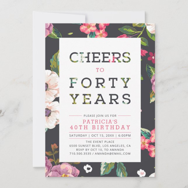 Invitación Fiesta de cumpleaños 40 con estampado floral tropi (Anverso)