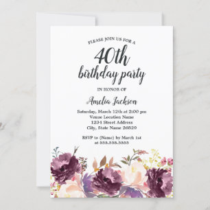Invitación Fiesta de cumpleaños 40 con Floral Bloom Púrpura A