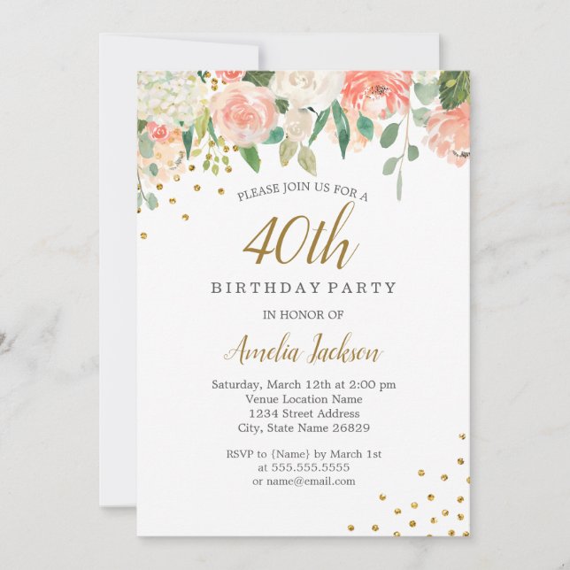 Invitación Fiesta de Cumpleaños 40 con Flores de Acuarela en  (Anverso)