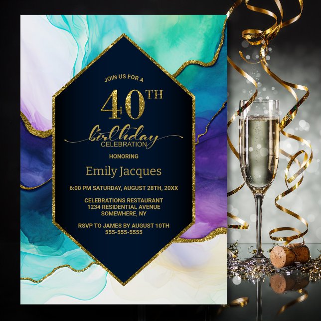 Invitación Fiesta de cumpleaños 40 de Blue Gold Agate (Subido por el creador)