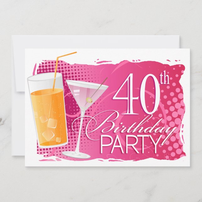 Invitación Fiesta de Cumpleaños 40 de Cóctel Naranja y Rosa (Anverso)
