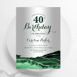 Invitación Fiesta de cumpleaños 40 de Emerald Green Silver Ag<br><div class="desc">Invitación a la fiesta de cumpleaños número 40 de la edad verde esmeralda y plata. Elegante diseño moderno con fondo geodésico de mármol agate acuarela, letra falsa purpurina plateada y tipografía. La carta de invitación de moda es perfecta para una elegante celebración del cumpleaños de las mujeres. Invitaciones Zazzle impresas...</div>