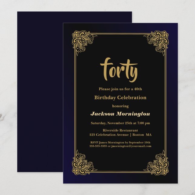 Invitación Fiesta de cumpleaños 40 de Gold Border Black (Anverso / Reverso)