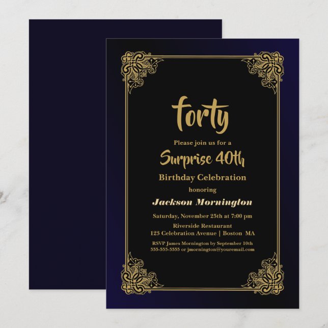 Invitación Fiesta de cumpleaños 40 de Gold Border Black Surpr (Anverso / Reverso)