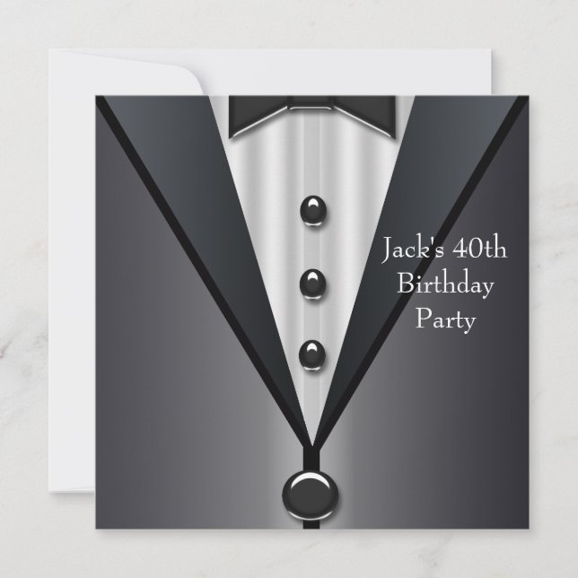 Invitación Fiesta de cumpleaños 40 de hombre con esmoquin neg (Anverso)