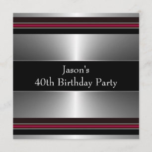 Invitación Fiesta de cumpleaños 40 de hombre negro rojo plate