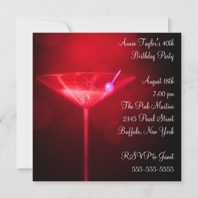 Invitación Fiesta de cumpleaños 40 de mujer con Martini Rojo (Anverso)