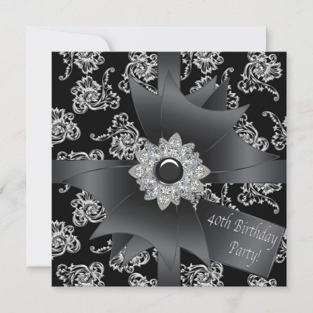 Invitación Fiesta de cumpleaños 40 de mujer de Damasco negro (Anverso)