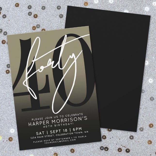Invitación Fiesta de Cumpleaños 40 de Oro Negro Moderno (Modern Black Gold 40th Birthday Party Invitation)
