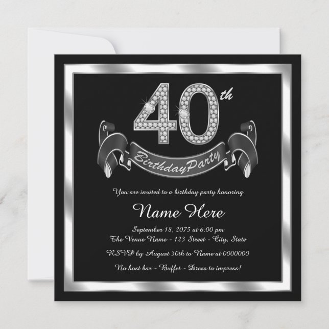 Invitación Fiesta de cumpleaños 40 de plata negra (Anverso)
